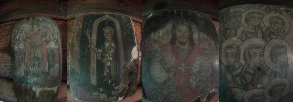 Ikony, święte obrazy malowane na drewnie, zazwyczaj wystrój cerkwi. N zdjęciu cztery ikony stanowiące wystrój bacówki Bartne.