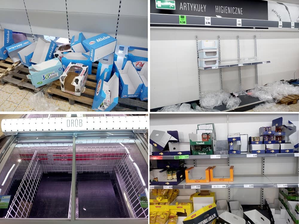 Fotografia przedstawia cztery obrazy. Puste opakowania po kartonach mleka. Pusta półka podpisana ARTYKUŁY HIGIENICZNE. Pusta lodówka w której zazwyczaj był drób. Regały z kilkoma opakowaniami makaronu