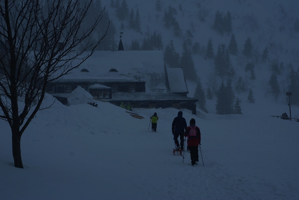 Wędrowcy docierają w mroku do budynku schroniska.